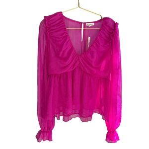Blu Pepper Ruffle Blouse Sheer Long Sleeve V Neck Top‎ Fuchsia Pink Size L